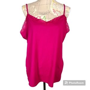 MERONA V-neckline Adjustable Straps Camisole Size XXL Pink Lace Trim Cotton NEW